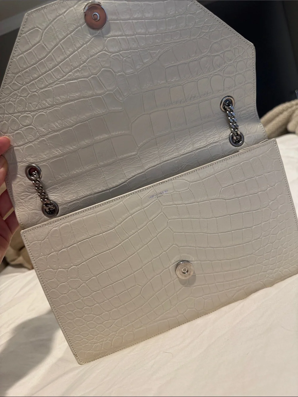 YSL White Croc-Embossed Chain Shoulder Bag - QUIET LUXURY- Saint Laurent
